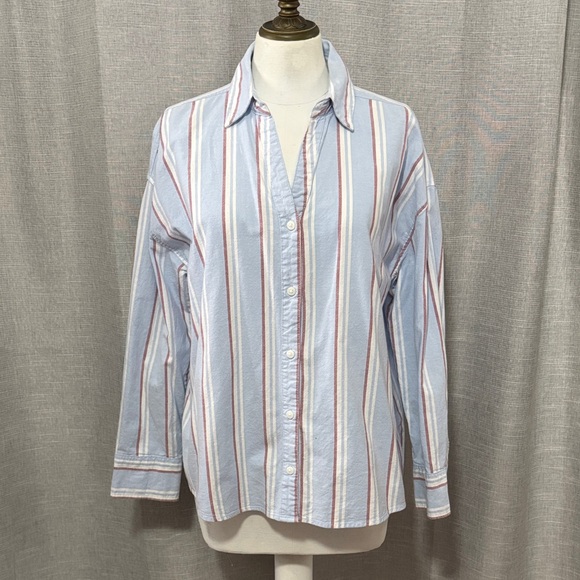 Falls Creek Tops - Wmns Falls Creek Button Up Shirt-Sz S-97% Cotton-Red/White/Blue Striped-V Neck